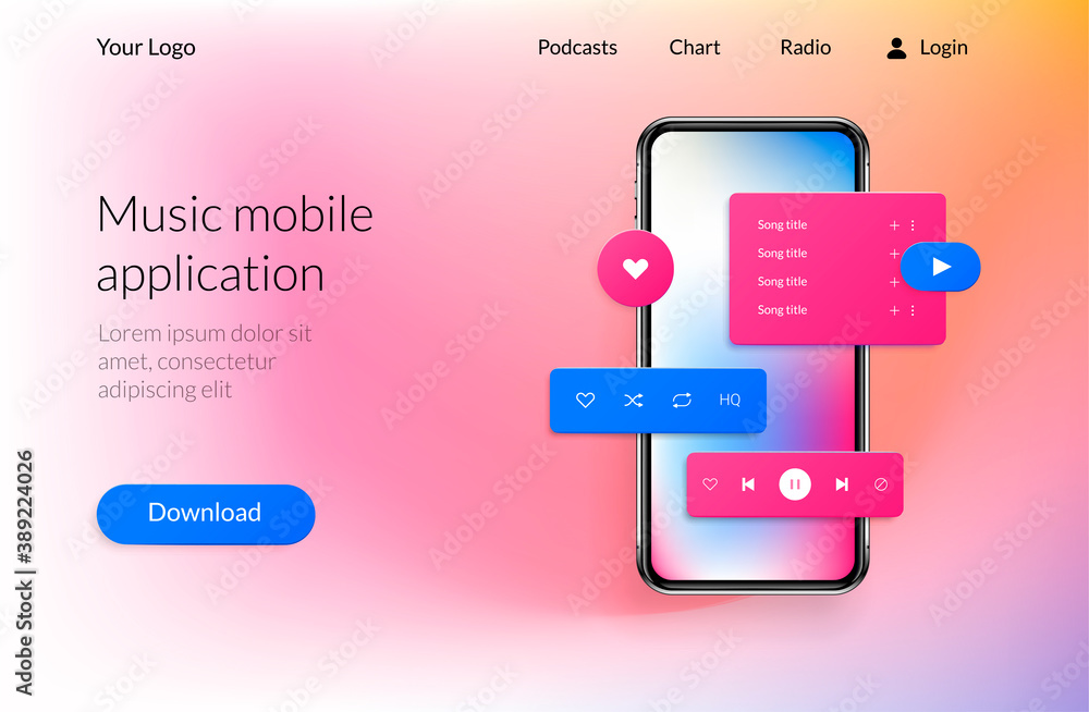 Poster Mobile landing page. UI software web site design, music application layout mockup. Interface with download, play and like buttons, realistic smartphone. Vector musical player and compilation of songs