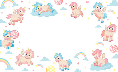 Unicorn background. Cute kids poster with funny fairy tale characters, kawaii fantasy horses on rainbow and clouds with candies and stars decoration. Vector cartoon children birthday greeting card