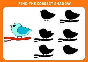 Find the correct shadow, education game for children. Funny little bird. Preschool worksheet. Vector illustration.