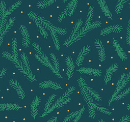 Fototapeta na wymiar Christmas seamless pattern with spruce twigs and gold dots. Vector background.