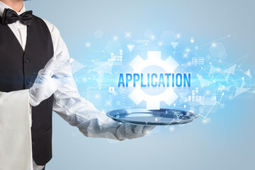 Waiter serving new technology concept with APPLICATION inscription