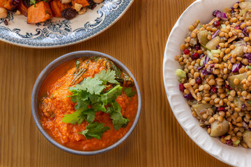 healthy food dishes with white beans, lentils, sweet potatoes, rice and vegetables