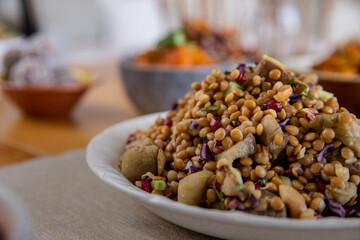 healthy food dishes with white beans, lentils, sweet potatoes, rice and vegetables