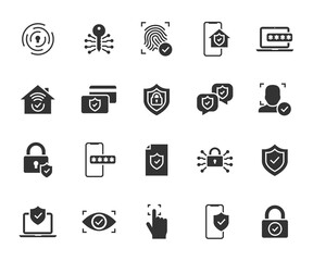 Vector set of security flat icons. Contains icons digital lock, cyber security, password, smart home, computer security, electronic key, fingerprint and more. Pixel perfect.