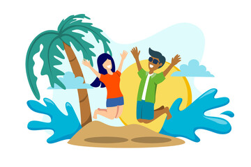 Flat illustration of boy and girl enjoy summer vacation design for greeting card, banner, landing page, etc.