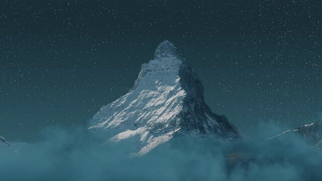 moving over clouds to the majestic Matterhorn mountain at night with shooting stars