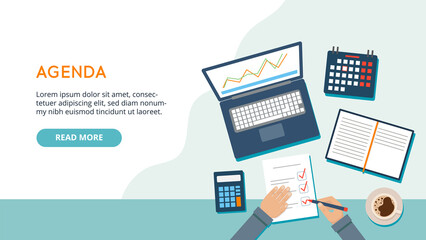 Business Agenda Concept Art Flat Style. Vector Illustration With Cartoon Objects And Template Text. Composition With View From Above Of Desktop With Laptop, Calculator, Coffee Cup And Hands Writing