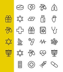 A simple set of medicine ICONS, contains medicine icons, pills, related vector line icons. thin lines, pain, syringe, lungs, microscope, cardiogram, virus and much more. Editable stroke.