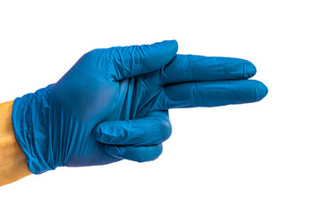 Hand in a medical glove. Gesture and symbol. Hand gesture. Concept for design. Medicine. Diagnosis. Deaf and dumb. Isolated white background. Copy space