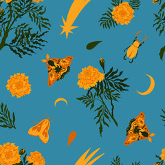 Bright autumnal floral pattern with marigolds, insects, moons and comets on blue background. Autumn flowers, moths, stag beetle.