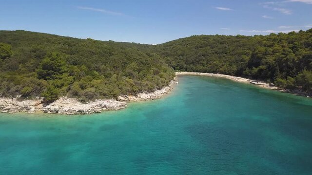 Aerial view on beautiful bay with turquoise water on Rab island, Croatia.