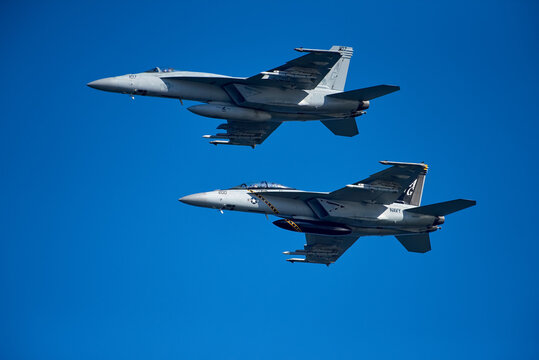 Helsinki, Finland - 9 June 2017: Two US Navy F/A-18 E Super Hornet multirole fighter planes over Helsinki at the Kaivopuisto Air Show 2017. 