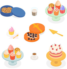 Dessert set. Isometric vector illustration in flat design.