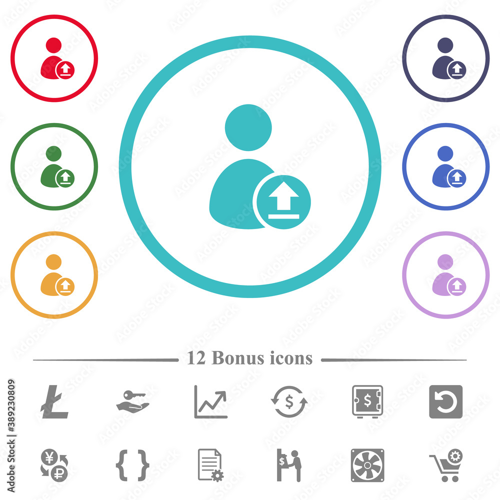Poster upload user account flat color icons in circle shape outlines