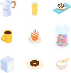 Coffee and dessert set. Isometric vector illustration in flat design.