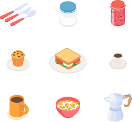 Breakfast set. Isometric vector illustration in flat design.