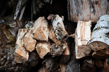 The wood is piled together in the village.