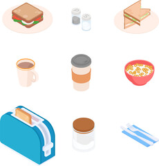 Breakfast set. Isometric vector illustration in flat design.