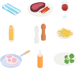 Cooking perfect steak set. Isometric vector illustration in flat design.