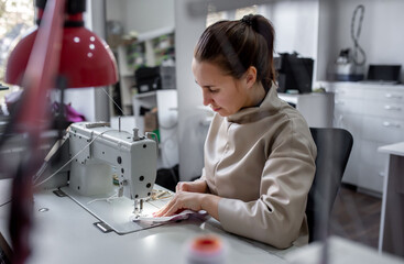 A girl sews masks on a sewing machine to protect against covid-19. Homemade protective mask against the covid19 virus.