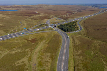 Junction 22 of the M62 on Saddleworth Moor near Windy Hill in Yorkshire, close to Lancashire in England. 