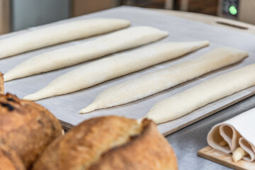 Making craft bread at the bakery. Close-up of a baker and bread, blurred background
