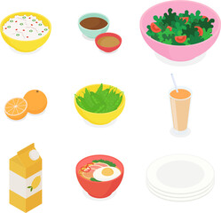 Food and drink set. Isometric vector illustration in flat design.
