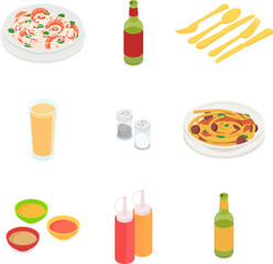 Food and drink set. Isometric vector illustration in flat design.