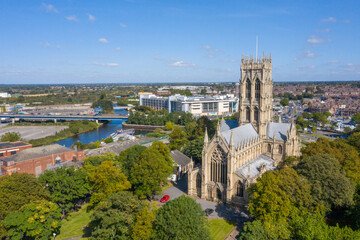 Doncaster St Georges Minster drone photograph of large church showing surrounding town centre area...