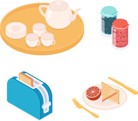 Breakfast set. Isometric vector illustration in flat design.
