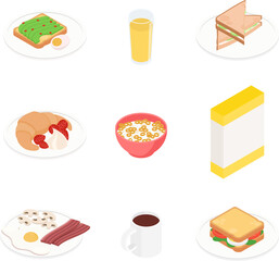 Breakfast set. Isometric vector illustration in flat design.