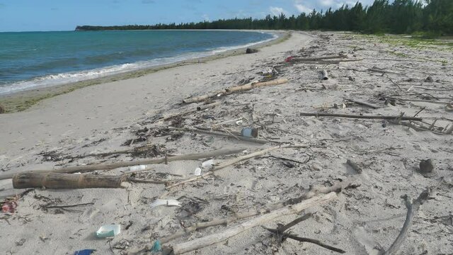 Plastic Bottles and Other Garbage Pollution Washed Up On Beach, Madagascar