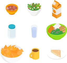 Food and drink set. Isometric vector illustration in flat design.