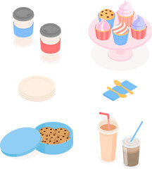 Food and drink set. Isometric vector illustration in flat design.