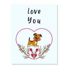 valentine card with cute dog floral frame vector