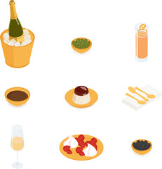 Food and drink set. Isometric vector illustration in flat design.