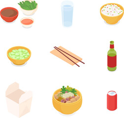 Food and drink set. Isometric vector illustration in flat design.