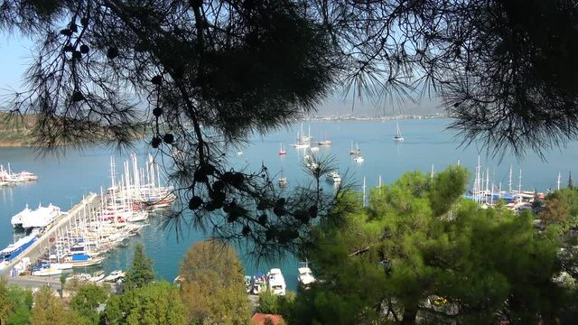 Fethiye, Turkey - 25th of October 2020: 4K View on the Ece marina from the Lovers hill
