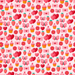Cute Valentine seamless vintage pattern. Vector illustration for romantic nostalgia design. Happy Valentine's day design with sweet cupcake, love letter, ripe strawberries, butterfly and hearts.