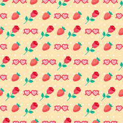 Cute Valentine seamless pattern. Vector illustration for romantic nostalgia design. Happy Valentine's day design with vintage sunglasses, rose and strawberry.