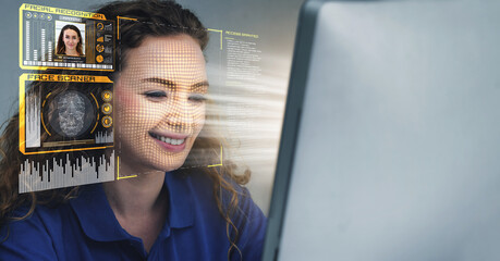 Facial recognition technology scan and detect people face for identification . Future concept interface showing digital biometric security system that analyze human face to verify personal data .