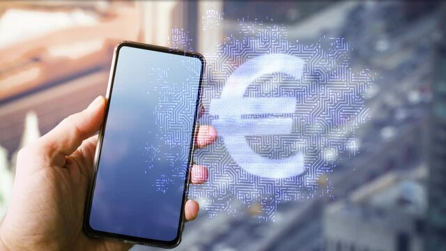 Smartphone with euro digital currency, concept of European union digital euro project, online payment, security and encryption