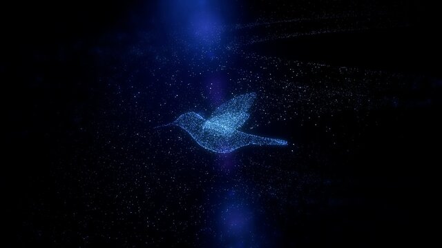closeup of Beautiful Flying bird, Digital and futuristic Glowing blue bird flying through particles, 3d render