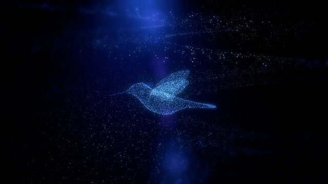 Beautiful Flying bird, Digital and futuristic Glowing blue bird flying through particles