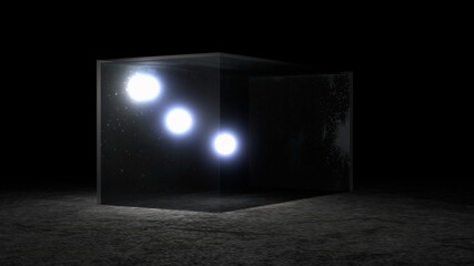 Closeup of Three Balls with illuminating light in a transparent glass box, 3D render
