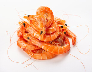 Boiled fresh prawns on white background