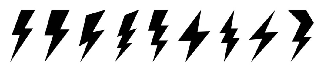 Set of black thunder and bolt lighting flash icon isolated on transparent background