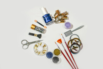 Tools for creating manicure, gel polishes, and all for the creating nails design, the concept of beauty, nails care. Salon Banner on the White Background
