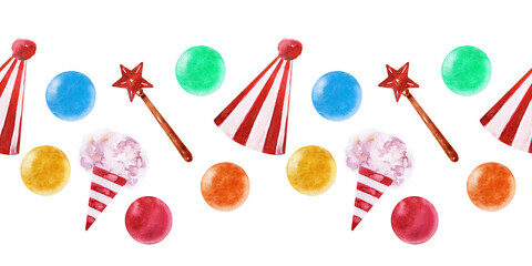 Watercolor seamless borders with circus animals and holiday paraphernalia, balloons, banners, magic wands, cotton candy and popcorn