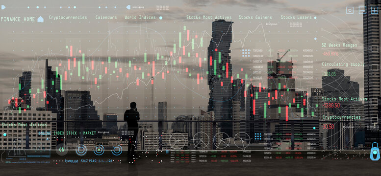 Businessman standing using smart phone on open roof top balcony watching city night view.Business with Finance Content marketing  concept.